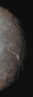 On the Limb of Titania (Possible Absolute Natural Colors; credits for the additional process. and color. Dr Paolo C. Fienga/Lunar Explorer Italia/Italian Planetary Foundation)
Like their semi-divine namesakes, Dione's twin Impact Craters Romulus and Remus (just above-right of the center) stand together while Dido, the larger Impact Crater showing a magnificent and impressive Central Peak, lies to the South/East, on the lower left Limb of Dione and almost half-way on top of the Terminator. The lit Terrain seen here is on the Saturn-facing Hemisphere of Dione and North is up. 
The image was taken in Visible Light with the NASA - Cassini Spacecraft Narrow-Angle Camera on April 28, 2013. The view was obtained at a distance of approximately 870.000 miles (such as a little more than 1,4 Million KiloMeters) from Dione and at a Sun-Dione-Cassini Spacecraft, or Phase, Angle of 77°. Image scale is roughly 5 miles (a little more than 8 Km) per pixel.

This frame (which is an Original NASA - Cassini Spacecraft b/w frame published on the NASA - Planetary Photojournal with the ID n. PIA 17126) has been additionally processed, contrast enhanced, magnified to aid visibility of the Surface details and then colorized, according to an educated guess carried out by Dr Paolo C. Fienga/LXTT/IPF, in what they should be its Absolute Natural Colors (such as the colors that a human eye would actually perceive if someone were onboard the NASA - Cassini Spacecraft and then looked outside, towards the Saturnian moon Dione), by using an original technique created - and, in time, dramatically improved - by the Lunar Explorer Italia Team. Different colors, as well as different shades of the same color, mean, among others, the existence of different Elements present on the Surface of Dione, each having a different Albedo (---> Reflectivity) and Chemical Composition.

Note: it is possible (but we, as IPF, have no way to be one-hundred-percent sure of such a circumstance), that the actual luminosity of Dione - as it is in this frame - would appear, to an average human eye, a little bit lower than it has been shown (or, better yet: interpreted) here.
Parole chiave: Uranian Moons - Titania