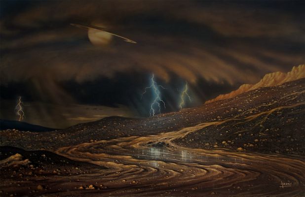 Rainy Day on Titan (a Fantasy Frame by David A. Hardy - AstroArt) 
Un Lavoro davvero BELLISSIMO dell'Artista David A. Hardy che abbiamo tuttavia LEGGERMENTE modificato in accordo a quelle che noi, come Lunexit Team, riteniamo essere le condizioni effettive di luminosità esistenti al Datum di Titano (il quadro di Dave Hardy, a nostro parere, pecca - come d'altronde la NASA "insegna" e "suggerisce" - di una luminosità davvero eccessiva - verificate Voi stessi l'original painting di Dave Hardy, pubblicato sulla Rubrica "NASA - Picture of the Day" del giorno 1mo Aprile 2011 per rendervene conto).

Ci scusiamo, ovviamente, con il Maestro David A. Hardy per la modifica effettuata sul Suo - comunque SPLENDIDO - quadro, ma questa modifica la ritenevamo e riteniamo dovuta ai Lettori di Lunar Explorer Italia.
Parole chiave: Artistic Interpretations of the Solar System