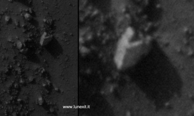 Extremely Unusual Surface Feature near Arandas Crater - Northern Plains (SuperEDM n.1 - credits: Dr M. Faccin)
Grazie all'insostituibile contributo del nostro Dr Marco Faccin, ecco che una nuova FANTASTICA Singolarità (o forse si tratta di una vera e propria Anomalìa???) di Superficie è emersa dalle "nebbie" della bassa risoluzione - essa infatti è stata individuata solo dopo una profonda e dettagliata analisi del frame MRO originale ed in formato JP2.

Che dire? L'albedo e la texture del dettaglio si STACCANO con estrema evidenza dal resto del panorama e quindi è evidente, se non altro a nostro parere, che ci si trovi davanti ad un qualcosa di - possibilmente - "esotico". 
La roccia in questione presenta delle curiose squadrature regolari e sembra - addirittura! - essere costituita da due elementi sovrapposti (parallelepipedo + sagoma triangolare).

Curioso che i "Fenomeni" ed i "Santoni" della Ricerca Borderline USA ed Italiana non riescano MAI a notare (forse perchè non sono capaci di lavorare in JP2???...Chissà...) queste features...
Parole chiave: Mars from orbit - Extremely Controversial Surface Feature