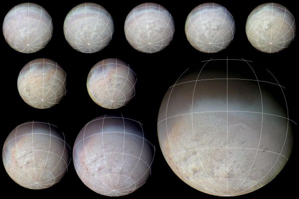 Views of Triton (natural colors - elab. NASA)
Triton Voyager 2 approach sequence with latitude-longitude grid superposed. The color image was reconstructed by making a computer composite of three black and white images taken through red, green and blue filters. Details on Triton's surface unfold dramatically in this sequence of approach images. South Pole near the bottom of the images at the convergence of lines of longitude. Resolution changes from about 60 Km/pixel (37 mi/pixel) in the image at upper left taken from a distance of 500.000 Km to about 5 Km/pixel (3,1 mi/pixel) for the image at lower right. Global and regional albedo features are visible in all of the images. The albedo features can be tracked in successive images and show that Triton has undergone about 3/4 of a rotation during the 4.3-day interval over which these images were obtained. 
A Southern Polar Cap of bright pink, yellow and white materials covers nearly all of the Southern Hemisphere; these materials consist of Nitrogen ice with traces of other substances, including frozen CH4 and CO2. Feeble ultraviolet radiation from the Sun is thought to act on methane to cause chemical reactions to the pinkish yellowish substances. At the time of the Voyager 2 flyby (Jan. 1989) Triton's Southern Hemisphere was starting the Summer Season and the South Pole was canted toward the Sun day and night, such that the Polar Cap was sublimating under the relatively 'hot' summer Sun (surface temperature about 38 K, about -391 degree F). Numerous dark streaks on the Southern Polar Nitrogen-ice cap are thought to consist of dark dust deposited by prevailing winds in Triton's tenuous Nitrogen Atmosphere. A bluish band, seen in all of the images, nearly circumstances Triton's Equator; this band is thought to consist of fairly Nitrogen frost, perhaps deposited in the decade prior to Voyager 2's flyby.
Parole chiave: Neptune's Moons - Triton