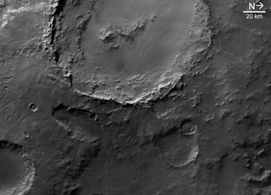 The Great Hoax of the (Pseudo) Martian Metropolis of Hale Crater
Caption ESA:"This image, taken by the High Resolution Stereo Camera (HRSC) on board ESA’s Mars Express Spacecraft, shows Crater Hale in the Argyre Basin of the Southern Hemisphere of Mars. 
The image is centred at (approx.) Latitude 36° South and Longitude 324° East. The image was taken with a ground resolution of about 40 metres per pixel during Mars Express orbit 533 in June 2004. 

Crater Hale, with its Terraced Walls, Central Peak and a part of the inner ring is visible in the upper (western) part of the image".

...E allora?... Dov'è la "Metropoli Marziana"?!?

Buona ricerca...
Parole chiave: Mars from orbit - Craters - Hale Crater