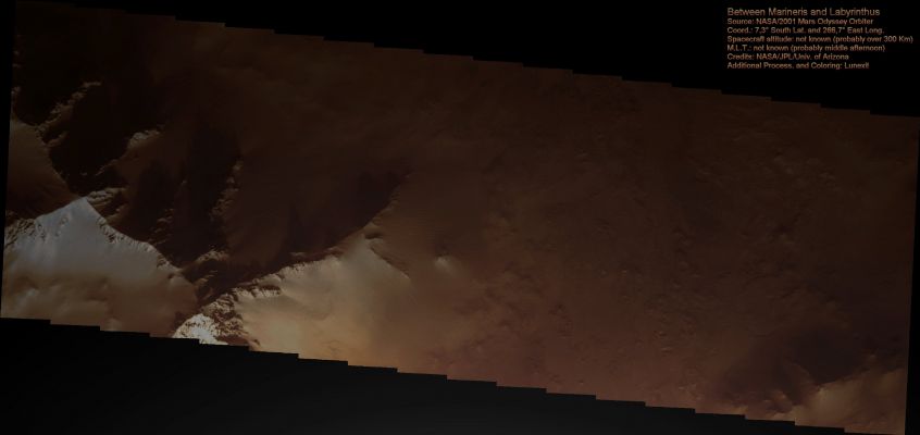 Between Marineris and Labyrinthus... (Darkened Natural Colors; credits for the additional process. and color.: Dr Paolo C. Fienga - Lunexit Team)
Da ammirare, a nostro avviso, la "resa visiva" del contrasto fra zone esposte alla luce diretta del Sole, le zone in penombra e le zone in ombra (come quelle alle spalle della montagna che domina la porzione Sx del frame). 
Ricordate, poi, che la Regola Aurea della fotografia spaziale recita quanto segue: "Quanto più il contrasto fra zone in luce e zone in ombra è netto, tanto minore è l'influenza dell'Atmosfera su quanto ripreso". 

In questo frame, come in molti altri, il "contrasto" c'è, ma NON così netto come si vorrebbe (questa, almeno, è la nostra opinione).
Parole chiave: Mars from orbit - Equatorial Regions