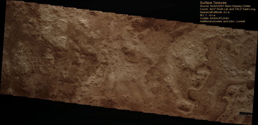 Surface Textures of the Northern Plains (Absolute Natural Colors; credits for the additional process. and color.: Dr Paolo C. Fienga - Lunexit Team)
Caption NASA:"Though the Northern Plains of Mars have little topographic variation, the surfaces textures very greatly from one Region to the next. 
The cause of such variation is unknown".
Parole chiave: Mars from orbit - North Polar Region - Surface Textures