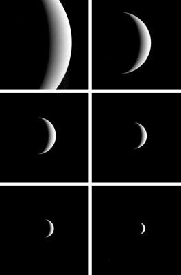 Farewell to Venus
Captio NASA:"After acquiring hundreds of HR images during close approach to Venus, the MESSENGER Spacecraft turned its wide-angle camera back to the Planet and acquired a departure sequence. These images provide a spectacular good-bye to the cloud-shrouded Planet while also providing valuable data to the camera calibration team. The MESSENGER Spacecraft was 60.688 Km (about 37.710 miles) from the Planet at the start of the sequence and 89.310 Km (approx. 55.495 miles) at the end. Initially, images were acquired at a rate of one of every 20', and then as Venus shrank the timing interval was increased to 60'. 

The first image was taken on June 6, 2007, at 12:58 UTC (8:58 p.m. EDT on June 5), and the final image on June 7 at 02:18 UTC (10:18 p.m. EDT on June 6). During this 25 h, 20' period the Spacecraft traveled 833.234 Km (about 517.748 miles-more than twice the distance from the Earth to the Moon) with respect to Venus at an average speed of 9,13 Km-per-second (such as 5,67 miles-per-second). 
These images represent the last view of Venus by the MESSENGER Spacecraft, but they also point toward the spacecraft's first encounter with Mercury in January 2008".
Parole chiave: Venus