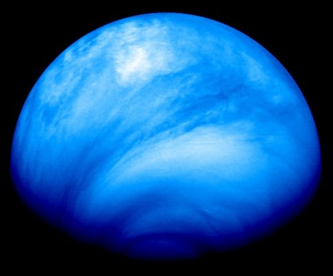 The South Pole of Venus (False Colors; credits: ESA)
Caption ESA:"This is a false-colour image taken with the Venus Monitoring Camera (VMC) on board ESAâ€™s Venus Express. 
It shows the full view of the Southern Hemisphere from Equator (Dx) to the Pole. 
The South Pole is surrounded by a dark oval feature. Moving to the right, away from the Pole and towards the Equator, we see streaky clouds, a bright mid-latitude band and mottled clouds in the convective Sub-Solar Region. 

This image was taken in the ultraviolet at 365 nanometres on 23 July 2007 as Venus Express was about 35.000 Km from the Surface of the Planet".
Parole chiave: Venus - South Pole