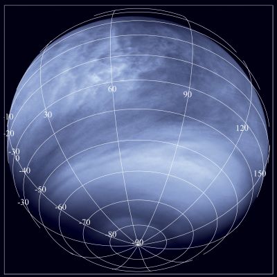Venus in UV
Caption ESA:"Venus Monitoring Camera image taken in the UltraViolet (0.365 micrometres), from a distance of about 30.000 Km. This picture shows numerous high-contrast features, caused by an unknown chemical in the clouds that absorbs UltraViolet light, creating the bright and dark zones. 

With data from Venus Express, scientists have learnt that the Equatorial Areas on Venus that appear dark in UV Light are Regions of relatively high temperature, where intense convection brings up dark material from below. In contrast, the bright regions at Mid-Latitudes are areas where the temperature in the Atmosphere decreases with depth. The temperature reaches a minimum at the cloud tops suppressing vertical mixing. 
This annulus of cold air, nicknamed the ‘cold collar’, appears as a bright band in the UV images".
Parole chiave: Venus