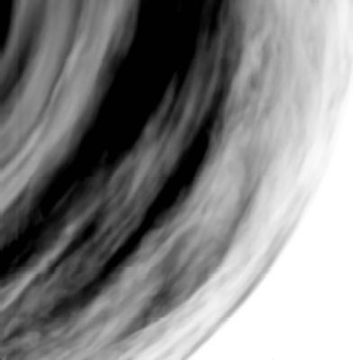 Venusian Turbulence: South Polar Region
This image of the Venusian South Polar Region was acquired on 24 September 2006 by the Ultraviolet, Visible and Near-Infrared Mapping Spectrometer (VIRTIS) on board ESA’s Venus Express, from a distance of about 60.000 Km from the Planet’s surface. 
The image, taken on the night-side of Venus at a wavelength of 1,7 micron, shows waves structure (faint light vertical streaks at the lower left part of the dark band in the centre-left side of the image) and a highly turbulent region (bottom left). 

The Alpha Regio area is at the bottom left of the image. This area is characterised by a series of troughs, ridges, and faults that are oriented in many directions, with surface features that can be up to 4 kilometres high. It is not yet clear if atmospheric turbulences may be induced by the rough topography below the clouds. 

The grey-scale of the image is such that black means more transparency, therefore less clouds, while white means more opacity, therefore more cloud concentration. 
Parole chiave: Venus - Upper Atmosphere