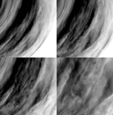 Venusian Turbulence: Image Mosaic of the (visible) Venusian Cloud System
This image is a composite of four different views of the Venusian Cloud System. 

The images were acquired on 24 September 2006 by the Ultraviolet, Visible and Near-Infrared Mapping Spectrometer (VIRTIS) on board ESA’s Venus Express, from distances of about 65.000 Km (top left), 60.000 Km (top right), 53.000 Km (bottom left), 37.000 Km (bottom right) from the Planet’s surface. 
The images, showing a complex cloud system, were taken on the night-side of Venus (04:00 V.L.T.), at a wavelength of 1,7 micron that allows viewing the deep atmospheric layers. 

The grey-scale of the images is such that black means more transparency, therefore less clouds, while white means more opacity, therefore more cloud concentration.
Parole chiave: Venus - Upper Atmosphere