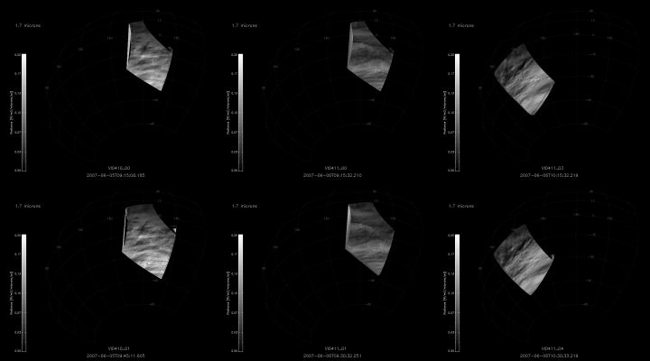 The Venusian Atmosphere under the Messenger
Caption ESA:"The images in this panel were obtained by the VIRTIS imaging spectrometer on board Venus Express on 5 and 6 June 2007, before and after MESSENGER’s closest approach to the Planet. These panels from VIRTIS provide a night-side view of the same Region that Messenger flew over and imaged.

The images where obtained at 1,7 micrometres, revealing atmospheric details down to an altitude of 50 Km from the surface".
Parole chiave: Venus - Upper Atmosphere