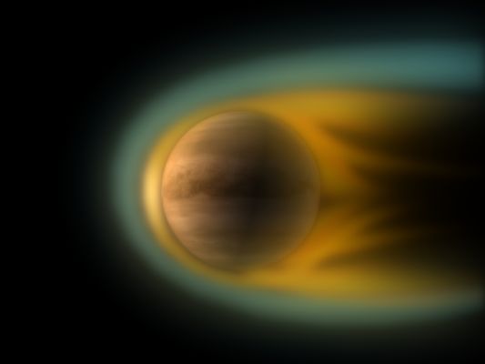 Interaction between Venus and the Solar Wind
Caption ESA:"Mars, Earth and Venus are immersed in a flow of plasma, a ionised and highly variable gas originating from the Sun, called the Solar Wind. While Earth has a Planetary Magnetic Field, which can deviate its flow, Venus (and Mars) don’t. 
Gases in the upper atmospheres of these Planets are ionised, and can thus interact with the Solar Wind. Venus is as large as Earth and it is difficult for its Atmosphere to escape due to the Planet’s Gravity. The Solar Wind is the best source of energy to accelerate the upper atmosphere’s charged particles, giving them enough energy to escape. This is why Venus loses its atmosphere due to interaction with the Solar Wind. 
To understand this phenomenon, the key questions that the instruments studying plasma on Venus Express must answer are: what and how much of the Atmosphere is lost, and where is it lost? Right now, solar activity is at its minimum in the 11-year cycle, making the Solar Wind weaker than average. 
The critical question now is how solar wind interacts with Venus when solar activity is low".
Parole chiave: Technical Drawings