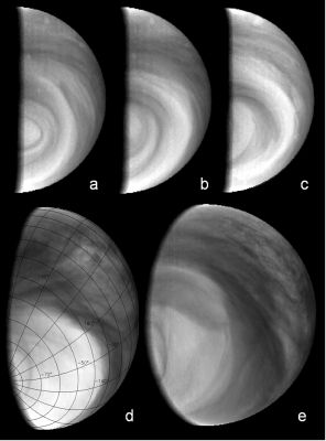 Venusian "Variable Clouds" and "Hazes"
Caption ESA:"This is a composite of several ultraviolet (365-nnmts) images taken with the Venus Monitoring Camera (VMC) on board ESA’s Venus Express. 
These images show variability of the clouds and hazes in Venus’ South Polar Region. 
The South Pole is at the Terminator in the bottom-left of the images. 
Super-Rotation, a phenomenon where cloud layers on Venus rotate much faster than the surface below, is in the anticlockwise direction. The period of Super-Rotation varies between 3 and 5 days, depending on the latitude. 
The images a, b and c in the top row were taken between 27 and 30 June 2006, at a distance of about 65.000 Km from the Planet. 
It is obvious from the pictures that the near-polar features vary from one day to another.

An extreme case of such variability is shown in Figure d (obtained on 13 January 2007, from about 35.000 Km). The bright haze located above the absorbing cloud layer has expanded to 35º South and has also become denser, masking all features except the oval. This dense haze disappeared within a day, probably due to very quick coagulation of aerosols making up the haze. 
The figure in panel e (obtained on 27 December 2006, from about 38.000 Km) shows the full view of the Southern Hemisphere from the Equator (right) to the Pole".
Parole chiave: Venus - Clouds