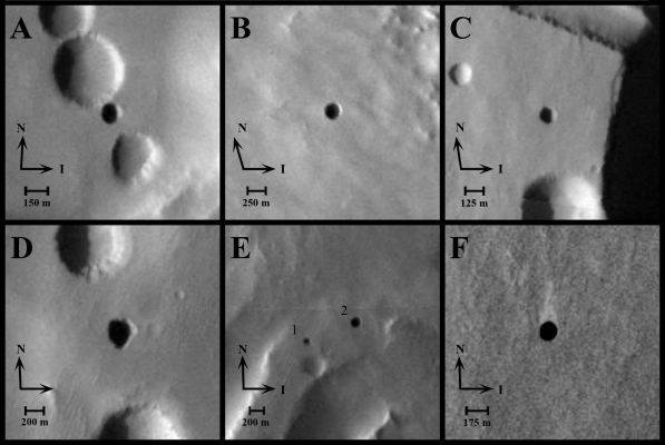 On the Northern Slope of Arsia Mons: candidates Cavern Entrance (1)
Caption NASA:"Seven very dark holes on the North Slope of Arsia Mons (about 9° South Lat. and 239° East Long.) have been proposed as possible cave skylights, based on day-night temperature patterns suggesting they are openings to subsurface spaces. These 6 excerpts of images taken in visible-wavelength light by the Thermal Emission Imaging System (THEMIS) camera on NASA's Mars Odyssey orbiter show the 7 openings. 
Solar illumination comes from the left in each frame.

The features have been given informal names to aid comparative discussion. They range in diameter from about 100 meters (328 feet) to about 225 meters (738 feet). 
The candidate cave skylights are (A) "Dena", (B) "Chloe", (C) "Wendy", (D) "Annie", (E) "Abby" (left) and "Nikki", and (F) "Jeanne." 

Arrows signify North and the Direction of Illumination".
Parole chiave: Mars from orbit - Possible Cavern Entrance - Controversial