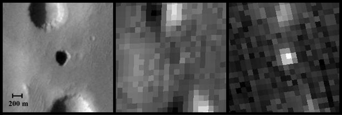 On the Northern Slope of Arsia Mons: candidate Cavern Entrance (Annie)
Caption NASA:"Each of the 3 images in this set covers the same patch of Martian Ground, centered on a possible cave skylight informally called "Annie" which has a diameter about double the length of a football field. The THEMIS camera on NASA's Mars Odyssey orbiter took all 3, gathering information that the hole is cooler than surrounding surface in the afternoon and warmer than the surrounding surface at night. This is thermal behavior that would be expected from an opening into an underground space. 
The left image was taken in visible-wavelength light (fig. 1). The other 2 were taken in Thermal Infrared Wavelengths, indicating the relative temperatures of features in the image. The center image is from mid-afternoon. The hole is warmer than the shadows of nearby pits to the North and South, while cooler than sunlit surfaces. The thermal image at right was taken in the pre-dawn morning, about 4 M.L.T. . 
At that hour, the hole is warmer than all nearby surfaces". 

Nota Lunexit: ovviamente non era necessario nè uno scienziato nè un veggente per anticipare le mosse (di buon senso) della NASA, ma il fatto che i Tecnici di Pasadena abbiano effettivamente operato non solo delle riprese notturne di questa interessante Surface Feature, ma anche dei rilievi IR - come da noi suggerito ed anticipato, sebbene a proposito di un'altra (e forse più famosa) Candidate Cavern Entrance - ci ha dato, onestamente, una notevole soddisfazione!
Parole chiave: Mars from orbit - Possible Cavern Entrance - Controversial