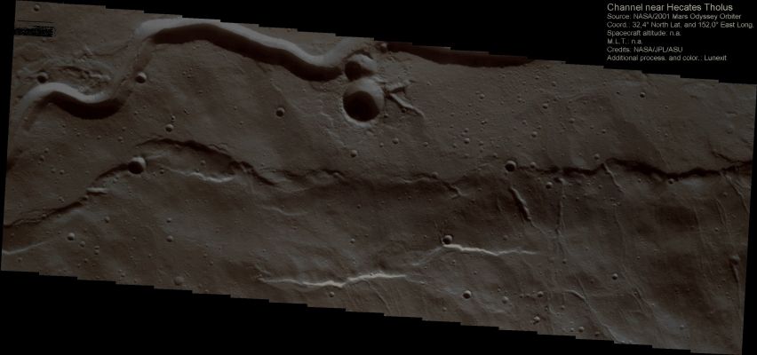 Channels near Hecates Tholus (Absolute Natural Colors; credits for the additional process. and color.: Dr Paolo C. Fienga - Lunexit Team)
nessun commento
Parole chiave: Mars from orbit - Volcanic Features - Lava Channels - Hecates Tholus