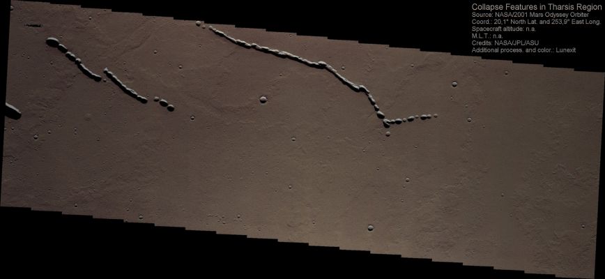 Pit-Chains in Tharsis (Absolute Natural Colors; credits for the additional process. and color.: Dr Paolo C. Fienga - Lunexit Team) 
nessun commento
Parole chiave: Mars from orbit - Volcanic Features - Pit Chains