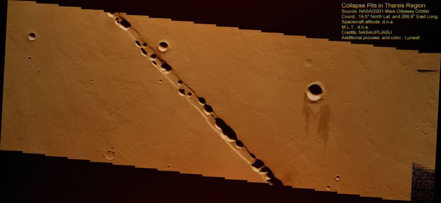 Collapse Pits in Tharsis Region (Enhanced and Saturated Natural Colors; credits for the additional process. and color.: Dr Paolo C. Fienga - Lunexit Team)
Caption NASA:"This chain of Collapse Pits occurs within one of the many tectonic graben of the Tharsis Region".
Parole chiave: Mars from orbit - Collapse Features - Tharsis Region
