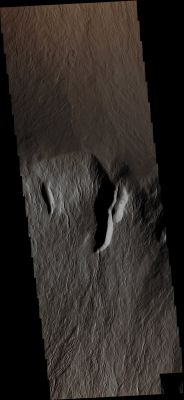 Olympus' Escarpment (Absolute Natural Colors; credits for the additional process. and color. Dr Paolo C. Fienga/Lunar Explorer Italia/Italian Planetary Foundation)
This image, taken by the NASA - Mars Odyssey Orbiter during its 48003rd Orbit, shows us a VERY small (but still extremely interesting, as you can see by yourself) portion of the steep Escarpment existing between the Main Edifice of the Great Martian Volcano known as Olympus Mons and the surrounding Volcanic Plains (remember that an Escarpment is a - usually - steep Slope or a long Cliff that occurs from Erosion or Faulting and separates 2 (two) - relatively levelled/flat - areas/terrains which are situated at different elevations with regard to a certain, and given, Datum - such as that Point, Place or Region of a Celestial Body that is conventionally considered to be situated at Zero Altitude (the Sea Level, for instance, and as far as the Planet Earth is concerned).

Latitude: 13,9669° North
Longitude: 227,030° East 
Instrument: VIS 
Captured: October, 9th, 2012

The picture (which is an Original Mars Odyssey Orbiter b/w frame published on the NASA - Planetary Photojournal with the ID n. PIA 16651) has been additionally processed and then colorized in Absolute Natural Colors (such as the colors that a human eye would actually perceive if someone were onboard the NASA - Mars Odyssey Orbiter and then looked down, towards the Surface of Mars), by using an original technique created - and, in time, dramatically improved - by the Lunar Explorer Italia Team.
Parole chiave: Mars from orbit - Volcanoes - Olympus Mons