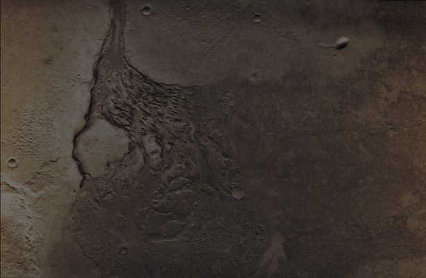 The "End" of Lethe Vallis (Absolute Natural Colors; credits for the additional process. and color.: Dr Paolo C. Fienga - Lunexit Team)
Image information: VIS instrument;
Latitude: 4,8° North;
Longitude: 156,1° East;
Resolution: 18 meter/pixel. 
Parole chiave: Mars from orbit - Channels - Lethe Vallis