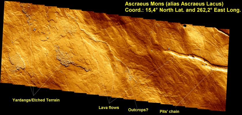 On the flank of Ascraeus... (False Colors; credits for the additional process. and color.: Dr Paolo C. Fienga - Lunexit Team)
Un interessante dettaglio dei dintorni di Ascraeus Mons ci permette di individuare i più comuni rilievi Marziani e di ammirarne le affascinanti (e, alle volte, assai misteriose...) fattezze - pensate, ad esempio, alla Pits' Chain che vedete sul lato Dx del frame, a circa mezza altezza.
Ma la notizia del giorno (23.11.2006) è un'altra: MGS è ufficialmente "defunta". 
O meglio: alla NASA dicono di aver perso il segnale - il che equivale ad aver perso la Sonda, ma che è comunque evento ben diverso dal fatto che, ad esempio, MGS sia sfuggita all'orbita sulla quale era parcheggiata e sia andata persa nello spazio oppure si sia disintegrata negli strati alti dell'atmosfera o - l'ipotesi più improbabile - abbia compltato i suoi Soles schiantandosi sul Pianeta Rosso.

Che dire? Semplice e pura Verità o triste panzana? A noi, come sapete, i "misteri" a tutti i costi non piacciono, ma Vi invitiamo a riflettere su una cosa: poco più di un mese fa, la rubrica "MGS - Picture of the Day" veniva soppressa per "carenza di fondi". Oggi...MGS va perduta e non se ne parla più. Nostra opinione? Nessun mistero UFO e nessun cover-up spionistico, ma solo una questione economica: con il felice arrivo nello Spazio di Marte di MRO, la presenza di MGS era ormai diventata un elemento ridondante e costoso per l'Amministrazione Spaziale. Un "burden" (un onere), come dicono alla NASA. Che fare? "Spegnerla" e far inquietare i fans di MGS? Ma no, certo che no: MGS ha servito "con onore" e per anni la causa della Scienza ed è stata un grandissimo successo; "facciamola perdere nello spazio: una fine nobile e misteriosa. L'ideale per il Pubblico".

In quanti, infatti, adesso si affanneranno a dire e scrivere della "Misteriosa Scomparsa di MGS"? 
In quanti ci ricameranno sopra storie di "alieni", di "immagini segrete" e di "fughe di notizie clamorose e scomode"? 
Quanta eco e quanta pubblicità deriverà dalla repentina "scomparsa" di MGS?

That's business, dear Friends: lo sapete bene Voi e lo sappiamo bene noi (e non chiamateci "cinici", per favore: siamo solo realisti e razionali).

Che altro dire? Solo una chiosa: MGS è morta, Viva MGS!
Parole chiave: Mars from orbit - Ascraeus Mons Region
