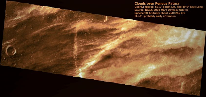 Clouds over Peneus Patera (Extremely Enhanced and Saturated Natural Colors; credits for the additional process. and color.: Dr Paolo C. Fienga - Lunar Explorer Italia)
Caption NASA:"Spring is the "Storm Season" in the Southern Hemisphere of Mars. This image shows several bands of Clouds over the Plains to the West of Peneus Patera".
 

Parole chiave: Mars from orbit - Clouds over Peneus Patera