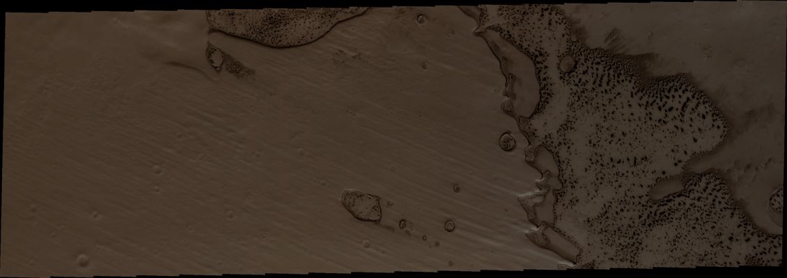 The "Spotted" Dunes of Pityusa Patera (Absolute Natural Colors; credits for the additional process. and color.: Dr Paolo C. Fienga - Lunexit Team) 
Orbit Number: 40059 
Latitude: 66,3816° South 
Longitude: 36,0515° East 
Instrument: VIS 
Captured: December, 25th, 2010
Mars Local Time: 17:50 (Late Afternoon)
Parole chiave: Mars from orbit - Volcanic Regions - Pityusa Patera