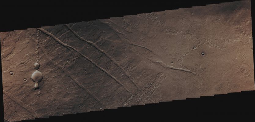 Collapse Features in Tharsis (Absolute Natural Colors; credits for the additional process. and color.: Dr Paolo C. Fienga - Lunexit Team)
Orbit Number: 45231 
Latitude: 7,543° North 
Longitude: 243,234° East 
Instrument: VIS 
Captured: February, 24th, 2012
Mars Local Solar Time: 14:00 (Early Afternoon)
Parole chiave: Mars from orbit - Volcanic Features - Collapse Channels