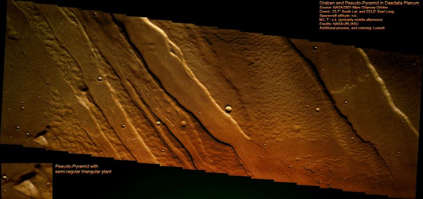 Graben and Pseudo-Pyramid (Enhanced and Darkened Natural Colors; credits for the additional process. and color.: Dr Paolo C. Fienga - Lunexit Team)
Un esempio (piccolo e scelto a caso fra TANTISSIMI) di rilievo anomalo a base triangolare, meglio noto come "Pseudo-Piramide". Secondo Hoagland & C., la "D&M Pyramid" era/è un'evidenza "indiscutibile" di artificialità. Ok, diciamo noi, va bene.

Ma se la "D&M Pyramid" è "palesemente" artificiale, allora questa - MOLTO più precisa, netta e squadrata - che cos'è?!? O forse solo Hoagland & C. possono "scoprire" e "battezzare" le Piramidi Marziane?

La Verità? Hoagland dice una stupidata, e tutti la prendono in considerazione (motivazione: "perchè l'ha detto Hoagland"...); noi troviamo un dettaglio MOLTO più "piramidale" del suo...e nessuno sa nè dice nulla.

Ah, cosa riesce a fare il Marketing...
Parole chiave: Mars from orbit - Graben - Controversial