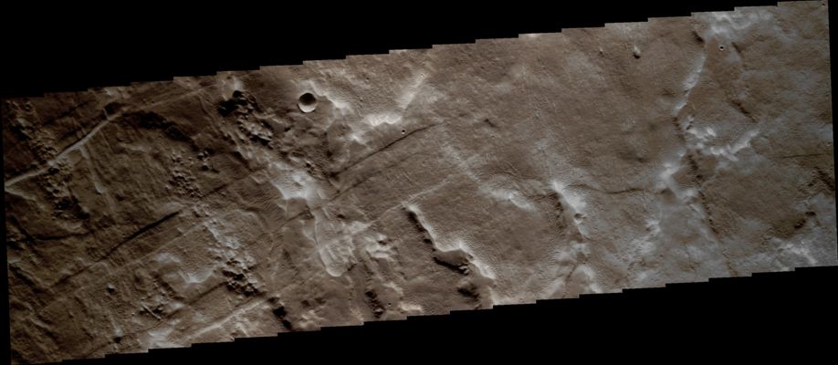 Graben and Lava Flows near Arsia Mons (Absolute Natural Colors; credits for the additional process. and color.: Dr Paolo C. Fienga - Lunexit)  
Caption NASA:"This VIS image covers a small region of the Western Flank of Arsia Mons. The Surface of the Volcanic Flows in this Region have an odd pitted texture. The cause of this texture is unknown".

Coord.: 8° South Lat. and 237,6° East Long.
Parole chiave: Mars from orbit - Volcanoes - Arsia Mons