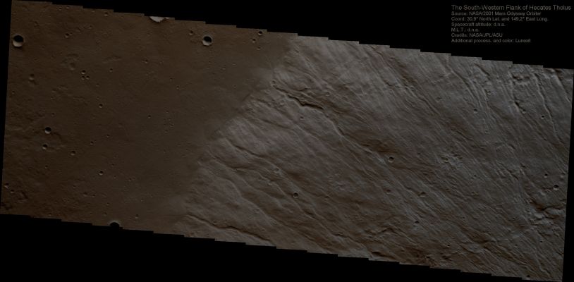 The South-Western Flank of Hecates Tholus (Absolute Natural Colors; credits for the additional process. and color.: Dr Paolo C. Fienga - Lunexit Team)
nessun commento
Parole chiave: Mars from orbit - Volcanoes - Hecates Tholus