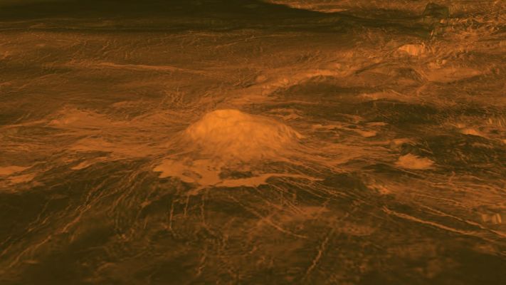 Idunn Mons (Perspective View and False Colors; credits: NASA/JPL-Caltech/ESA)
Caption NASA:"This figure shows the Volcanic Peak Idunn Mons (at about 46° South Lat. and 214,5° East Long.) in the Imdr Regio area of Venus. The topographic backbone derives from data obtained by NASA's Magellan spacecraft, with a vertical exaggeration of 30 times. 
Radar data (in brown) from Magellan has been draped on top of the topographic data. Bright areas are rough or have steep slopes. Dark areas are smooth.
The warmest area of Idunn is centered on the Summit, which stands about 2,5 Km (approx. 1,6 miles) above the Datum, and the bright Lava Flows that originate there. Idunn Mons has a diameter of about 200 Km (approx. 120 miles).

The spectrometer data was collected from May 2006 to the end of 2007. A movie featuring 360-degree views of the volcano is based on the same data and can be viewed at JPL's Multimedia".
Parole chiave: Venus