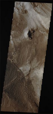 Features of Nili Patera (Absolute Natural Colors; credits for the additional process. and color.: Dr Paolo C. Fienga/Lunar Explorer Italia/Italian Planetary Foundation)
This frame, taken by the NASA - Mars Odyssey Orbiter during its 48021st orbit around the Red Planet shows us a portion of the very large Dunefield that covers most of the Floor of Nili Patera. This ancient Volcano, located in the Martian Region of Syrtis Major, spans about 50 Km (about. 31,5 miles) wide, 2 Km (such as a little more than 1 mile) deep, and forms part of a bigger Caldera Complex that stretches some 400 Km (a little less than 250 miles) along a North-to-South direction. What gives Nili Patera special interest for Planetary Geologists is that it contains two kinds of Lava: Basalt and Dacite. This is an unusual circumstance for Mars, where most Lavas are Basalt, and this discovery showed that the Red Planet is, even from a Volcainc point of view, an extremely complex world. 
Furthermore, the execution of a series of Gravity Field Measurements which covered the whole Region, showed evidence of a Positive Gravity Anomaly, centered on the Caldera Complex, and suggesting the presence, deep under the Surface, of an approx. 600-by-300 Km (such as about 373-by-186 miles), North-to-South oriented and elongated (now extinct) Magma Chamber, probably containing some very dense Minerals (like, for instance and mainly, Pyroxene, with Olivine also possible).

Latitude: 8,95193° North
Longitude: 67,3367° East 
Instrument: VIS 
Captured: October, 11th, 2012

This frame (which is an Original Mars Odyssey Orbiter b/w frame published on the NASA - Planetary Photojournal with the ID n. PIA 16653) has been additionally processed and then colorized in Absolute Natural Colors (such as the colors that a human eye would actually perceive if someone were onboard the NASA - Mars Odyssey Orbiter and then looked down, towards the Surface of Mars), by using an original technique created - and, in time, dramatically improved - by the Lunar Explorer Italia Team.
Parole chiave: Mars from orbit - Volcanoes - Nili Patera