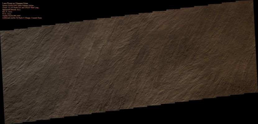 Lava Flows on Olympus Flank (Natural Colors; credits for the additional process. and color.: Dr Paolo C. Fienga - Lunexit Team)
nessun commento
Parole chiave: Mars from orbit - Lava Flows - Olympus Mons