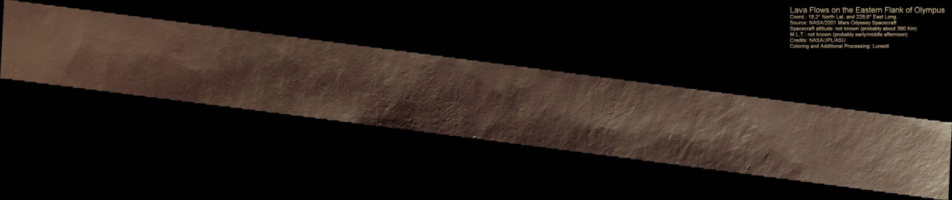 Lava Flows on the Eastern Flank of Olympus Mons (Absolute Natural Colors; credits for the additional process. and color.: Dr Paolo C. Fienga - Lunexit Team) 
nessun commento
Parole chiave: Mars from orbit - Volcanoes - Olympus Mons