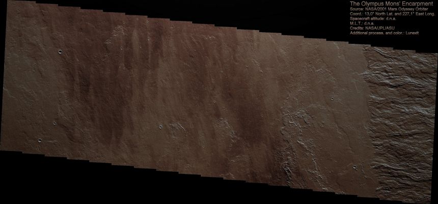 Portion of Olympus Mons' Escarpment (Absolute Natural Colors; credits for the additional process. and color.: Dr Paolo C. Fienga - Lunexit Team)
nessun commento
Parole chiave: Mars from orbit - Volcanoes - Olympus Mons