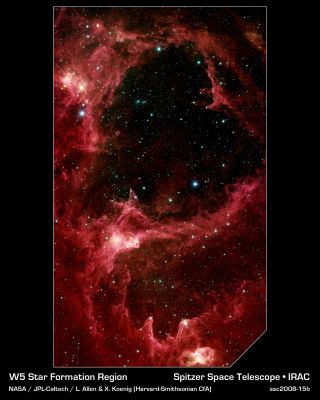 W 5 - Stellar "Nursery" (natural colors)
Generations of stars can be seen in this new infrared portrait from NASA's Spitzer Space Telescope. In this wispy star-forming region, called W5, the oldest stars can be seen as blue dots in the centers of the two hollow cavities (other blue dots are background and foreground stars not associated with the region). Younger stars line the rims of the cavities, and some can be seen as dots at the tips of the elephant-trunk-like pillars. The white knotty areas are where the youngest stars are forming. 
W5 spans an area of sky equivalent to four full moons and is about 6500 Light-Years away in the constellation Cassiopeia. The Spitzer picture was taken over a period of 24 hours. 
Like other massive star-forming regions, such as Orion and Carina, W5 contains large cavities that were carved out by radiation and winds from the region's most massive stars. According to the theory of triggered star-formation, the carving out of these cavities pushes gas together, causing it to ignite into successive generations of new stars. 
This image contains some of the best evidence yet for the triggered star-formation theory. Scientists analyzing the photo have been able to show that the ages of the stars become progressively and systematically younger with distance from the center of the cavities. 

This picture was taken with Spitzer's infrared array camera. It is a four-color composite, in which light with a wavelength of 3,6 microns is blue; 4,5-micron light is green; 5,8-micron light is orange; and 8-micron light is red.
Parole chiave: From Space Images - Spitzer Space Telescope (SST) Images