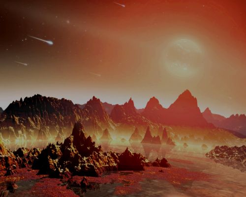 Warm Planet, Cold Star
This artist's conception shows a young, hypothetical planet around a cool star. A soupy mix of potentially life-forming chemicals can be seen pooling around the base of the jagged rocks. Observations from NASA's Spitzer Space Telescope hint that planets around cool stars — the so-called M-dwarfs and Brown dwarfs that are widespread throughout our Galaxy — might possess a different mix of life-forming, or prebiotic, chemicals than our young Earth. 

Life on our Planet is thought to have arisen out of a pond-scum-like mix of chemicals. Some of these chemicals are thought to have come from a planet-forming disk of gas and dust that swirled around our young Sun. Meteorites carrying the chemicals might have crash-landed on Earth. 

Astronomers don't know if these same life-generating processes are taking place around stars that are cooler than our Sun, but the Spitzer observations show their disk chemistry is different. Spitzer detected a prebiotic molecule, called Hydrogen Cyanide (Cianuro di Idrogeno), in the disks around yellow stars like our Sun, but found none around cooler, less massive, reddish stars. Hydrogen Cyanide is a carbon-containing, or organic compound. Five Hydrogen Cyanide molecules can join up to make Adenine — a chemical element of the DNA molecule found in all living organisms on Earth.
Parole chiave: Artistic Interpretations of the Universe