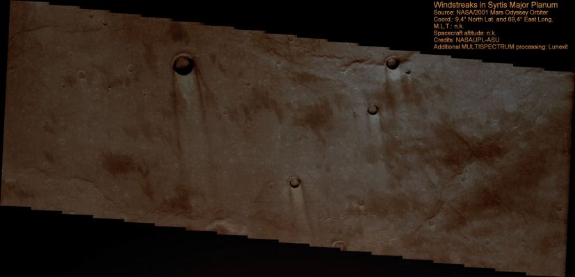 Windstreaks in Syrtis Major (Absolute Natural Colors; credits for the additional process. and color.: Dr Paolo C. Fienga)
nessun commento
Parole chiave: Mars from orbit - Aeolian Features - Windstreaks