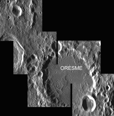 Oresme Crater
Caption ESA:"This image mosaic was obtained by the AMIE camera onboard the SMART-1 spacecraft. The most prominent feature is the 76 Km crater Oresme that originated in the Nectarian age. 
It is located on the Far-Side of the Moon, across the North-Western part of the Lunar South Pole-Aitken Giant Impact Basin".
Parole chiave: The Moon from orbit - Craters - Oresme