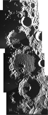 Crater Plaskett & Companions
Caption ESA:"Plaskett crater is the bottom crater in this mosaic built with images taken by the Advanced Moon Imaging Experiment (AMIE) on board ESA's SMART-1 spacecraft. Plaskett and its two Companion Craters sit near the Moon’s North Pole. 
The shadow lengths can be used to calculate the height of surface features. 
Data like this can be turned into virtual simulations of the surface to help engineers design suitable landers. From its rim, the full Earth would graze just above the horizon for only a few days per month. However some areas within the Crater never see the Earth. 

Rozhdestvenskiy is a large lunar crater of about 177 Km of diameter at it is centered at 85,2° North and 155,4° West (just above Plaskett). 
Its northern rim is just 60 Km from the North Pole".
Parole chiave: The Moon from orbit - Craters - Plaskett