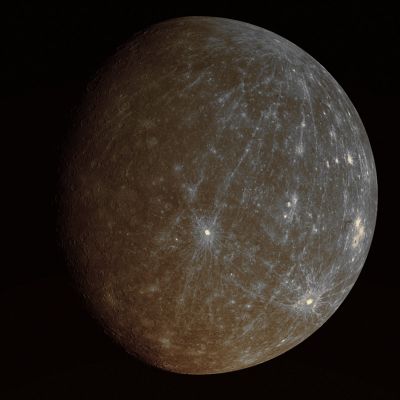 Mercury as Revealed by MESSENGER (Enhanced Natural Colors; credits for the additional process. and color.: Dr Paolo C. Fienga/Lunar Explorer Italia/Italian Planetary Foundation)
Caption NASA:"The Planet Mercury has been known since history has been recorded, but parts of the Solar System's Innermost Planet have never been seen like this before. Two days ago the robotic MESSENGER Spacecraft buzzed past Mercury for the second time and imaged terrain mapped previously only by comparatively crude radar. 
The above image was recorded as MESSENGER looked back 90 minutes after passing, from an altitude of about 27.000 Km. Visible in the above image, among many other newly imaged features, are unusually long rays that appear to run like meridians of longitude out from a young crater near the northern limb. 
MESSENGER is scheduled to fly past Mercury once more before firing its thrusters to enter orbit in 2011".
Parole chiave: Mercury