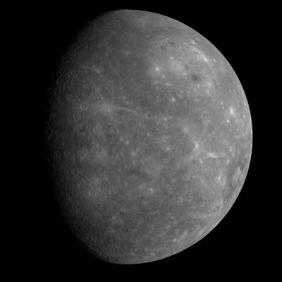 Messenger's First Look at Mercury's Previously Unseen Side
Caption NASA:"This image was taken on January 14, 2008, by NASA's MESSENGER Spacecraft at a distance of approx. 17.000 miles following the Spacecraft's closest approach to Mercury. The image shows features as small as 6 miles in size. 
Similar to previously mapped portions of Mercury, this Hemisphere appears heavily cratered. It also reveals some unique and distinctive features. 
On the upper right is the giant Caloris basin, including its western portions never before seen by spacecraft. Formed by the impact of a large asteroid or comet, Caloris Basin is one of the largest, and perhaps one of the youngest basins in the Solar System". 
Parole chiave: Mercury