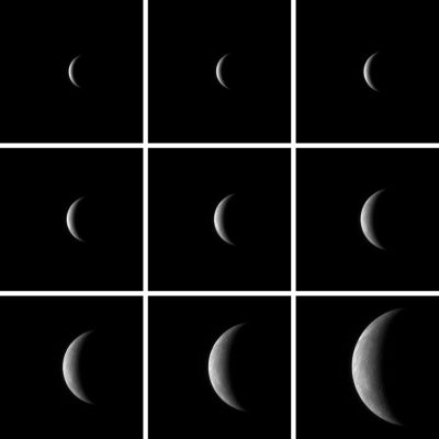 Rendez-Vous with Mercury
As the MESSENGER spacecraft approached Mercury for its first flyby, the Narrow Angle Camera, part of the Mercury Dual Imaging System (MDIS) instrument, acquired a series of images of the Planet in support of spacecraft navigation. 
The 9 images shown here were taken from January 9 to 13, 2008, as MESSENGER closed to between 2,7 MKM and 760.000 Km (1,7 MMs and 470.000 miles) from Mercury. (...)

At the beginning of the image sequence, Mercury was no more than a bright crescent in the blackness of space. As MESSENGER drew closer, surface features began to be resolved. The image from January 13 (bottom right) has the highest spatial resolution of this sequence (20 Km/pixel, such as about 12 miles/pixel). 
In this image, bright markings are visible, and impact craters can be seen near the Terminator.
Parole chiave: Mercury Fly-By