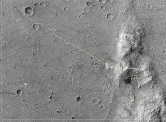 Spirit's Traverse Map, from Sol 1 up to Sol 1386
Caption NASA:"NASA's MER Spirit was crossing Northward on a low plateau called Home Plate on the 1386th Sol (such as Nov. 26, 2007) of Spirit's time on Mars. 
By that time, nearly 47 months into a mission originally planned to last 3 months, Spirit had driven 7435 mt (4,62 miles). 
From its Landing Site near the North-Western corner of this map, Spirit crossed a plain to reach the Columbia Hills, climbed over the Summit of Husband Hill, and then descended into the Inner Basin of the range, near the South-Eastern corner of the map. 

For this map, the yellow line indicating Spirit's route has been overlaid onto a portion of an image taken by the High Resolution Imaging Science Experiment on NASA's Mars Reconnaissance Orbiter on Nov. 22, 2006, That image is catalogued as PSP_001513_1655 (see also PIA01897). The scale bar on the map is 500 mt (1640 feet) long. 
North is up".
Parole chiave: Maps from orbit - Gusev Crater - MER Spirit Operating Zone