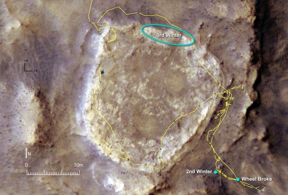 Heading for the next Winter Haven...
Caption NASA:"Approaching its 47th month of a Mars Surface Mission originally planned to last 3 months, NASA's Spirit Rover was also approaching the Northern Edge of a low plateau called Home Plate. The Rover's Operators selected an area with North-Facing Slope there as a destination where Spirit would have its best chance of surviving low-solar-energy conditions of oncoming Martian Winter. 
The yellow line on this map of the Home Plate area indicates Spirit's route from early February 2006, entering the mapped area from the North (top), to late November 2007, on the Western Edge of the bright-toned Home Plate plateau. The map covers an area about 160 mt (525 feet) across from West to East. Labels indicate the area intended for Spirit to spend many months spanning the Rover's 3rd Martian Winter, the site where it spent about 7 months (April to November 2006) spanning its 2nd Winter, and the site where it lost use of the drive motor for 1 of its 6 wheels. 

A North-Facing Slope helps Spirit maximizes electric output from its Solar Panels during Winter months because Spirit is in the Southern Hemisphere of Mars, so the Sun appears only in the Northern Sky during Winter. For the 3rd winter, which will reach its minimum solar-energy days in early June 2008, Spirit faces the challenge of having more dust on its Solar Panels than it had during its 2nd one. 

The base image for this map is a portion of a color image taken on Jan. 9, 2007, by the High Resolution Imaging Science Experiment camera on NASA's Mars Reconnaissance Orbiter".

Parole chiave: Maps from orbit - Home Plate