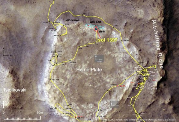 Spirit nears North-Tilting Site for Winter Haven
Caption NASA:"NASA's MER Spirit made daily progress in early December 2007 toward the Northern Edge of a low plateau called Home Plate. The rover's operators selected an area with North-Facing Slope there (indicated by the blue-outlined rectangle) as a destination where Spirit would have its best chance of surviving low-solar-energy conditions of oncoming Martian Winter. 
As indicated by the yellow line tracing the path Spirit has driven, the Rover was near the Western Edge of the plateau on Sol 1390 of the mission (Nov. 30, 2007), but nearing the Northern Edge by Sol 1397 (Dec. 8, 2007). 
A north-facing slope helps Spirit maximizes electric output from its Solar Panels during Winter months because Spirit is in the Southern Hemisphere of Mars, so the Sun appears only in the Northern Sky during Winter. For the 3rd Winter, which will reach its minimum solar-energy days in early June 2008, Spirit faces the challenge of having more dust on its Solar Panels than it had during its 2nd Winter.
The base image for this map is a portion of a color image taken on Jan. 9, 2007, by the High Resolution Imaging Science Experiment camera on NASA's Mars Reconnaissance Orbiter".
Parole chiave: Maps from orbit - Gusev Crater - MER Spirit Operating Zone