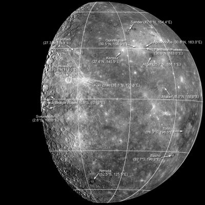 New Names for Features on Mercury
The International Astronomical Union (IAU) recently approved new names for features on Mercury that were all seen for the first time in images taken by MESSENGER during the Spacecraft's first flyby of the Planet. 
Read the full press release for additional details about the naming process and the origin of the names, and visit the U.S.G.S. website, the Gazetteer of Planetary Nomenclature, to learn about all of the named planetary features in the Solar System. 

This image, produced by mosaicking many Narrow Angle Camera (NAC) images together, shows the locations of the newly named features, along with the craters Basho, Mozart, and Tolstoj, first seen by the Mariner 10 Mission. 

Close-up views of many of these features are available in the MESSENGER website image gallery. In particular, look at these previous releases for NAC high-resolution images of Apollodorus, Beagle Rupes, Eminescu, Mozart, Neruda, Pantheon Fossae, Raditladi and Sander.
Parole chiave: Mercury