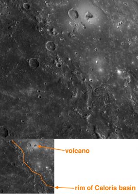 Shield-Volcano on Mercury
As reported in the July 4, 2008 issue of Science magazine, volcanoes have been discovered on Mercury’s Surface from images acquired during MESSENGER’s first Mercury flyby. This image shows the largest feature identified as a volcano in the upper center of the scene. The volcano has a central kidney-shaped depression, which is the vent, and a broad smooth dome surrounding the vent. The volcano is located just inside the rim of the Caloris Impact Basin. The rim of the Basin is marked with hills and mountains, as visible in this image. The role of volcanism in Mercury’s history had been previously debated, but MESSENGER’s discovery of the first identified volcanoes on Mercury’s surface shows that volcanism was active in the distant past on the innermost Planet. 

Date Acquired: January 14, 2008
Image Mission Elapsed Time (MET:108826877
Instrument: Narrow Angle Camera (NAC) of the Mercury Dual Imaging System (MDIS)
Resolution: 270 meters/pixel (0,17 miles/pixel)
Scale: This image is about 270 Km across (approx. 170 miles)
Spacecraft Altitude: approx. 10.500 Km (about 6500 miles)
Parole chiave: Mercury