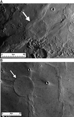 Wrinkle-Ridge Rings on Mercury and Mars
Planetary scientists commonly compare and contrast the geologic features found on different planetary bodies, to learn about the similar processes that operated throughout the Solar System and to understand how each planet is different and unique. This figure, recently published in Science magazine, shows wrinkle-ridge rings on both Mercury (upper image) and Mars (lower image) that look quite similar. Wrinkle ridges arrayed in such a ring are interpreted to trace the rim of an impact crater that was nearly or completely flooded by lavas prior to ridge formation. Wrinkle ridges are created by forces that compress the crust horizontally. 
A buried crater rim can concentrate the near-surface forces and cause the wrinkle ridges to form a ring. The presence of wrinkle-ridge rings is thus good evidence that volcanism helped to shape the surfaces of both Mars and Mercury. 

Date Acquired: January 14, 2008
Image Mission Elapsed Time (MET): A: 108826972
Instrument: A: Narrow Angle Camera (NAC) of the Mercury Dual Imaging System (MDIS) 
Mars Image: B: Mars Express High-Resolution Stereo Camera nadir image h2660_0001

Parole chiave: Mercury