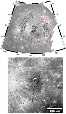 Faults in Caloris Basin
As the youngest large impact basin known on Mercury, the Caloris Basin has landforms that are better preserved than in older basins, which have been more modified by impact cratering. 
This figure, recently published in Science magazine, shows a map of many linear features within Caloris Basin that formed when the near-surface rocks were subjected to large horizontal forces. The Caloris Basin contains hundreds of extensional troughs, mapped as black lines, where the surface has been pulled apart and faulted. 
Pantheon Fossae (located inside the white box of the top map and shown in detail in the bottom image) has over 200 such troughs in a radiating pattern, but near the outer edges of the basin interior troughs are seen in patterns broadly concentric to Caloris Basin. The Caloris Basin interior also has been deformed by many wrinkle ridges, mapped as red lines, formed when the surface was compressed or shortened horizontally. Relationships between the extensional troughs and contractional wrinkle ridges provide information about the evolution of the Caloris basin and Mercury's interior. 

Date Acquired: January 14, 2008
Instrument: Narrow Angle Camera (NAC) of the Mercury Dual Imaging System (MDIS) 
Scale: Caloris Basin is about 1550 Km (approx. 960 miles) in diameter. The crater Apollodorus near the center of Pantheon Fossae is about 41 Km (approx. 25 miles) in diameter. 
Parole chiave: Mercury