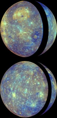 Global Map of Mercury
MESSENGER's two flybys of Mercury in 2008 have greatly increased the portion of the Planet's Surface that has been imaged by spacecraft, from approximately 45% coverage obtained by Mariner 10 to about 90% coverage following the second flyby. 
This significant increase in imaging coverage is enabling global studies of Mercury's Surface for the first time. MESSENGER team members recently published an article in the 1st of May issue of the "Science" Magazine that utilizes this new global view to examine the evolution of Mercury's crust. This recent work was also featured in a NASA media teleconference, and the top image shown here was presented during that teleconference. 
Both images are orthographic map projections of Mercury created with WAC enhanced-color images. The orthographic projection produces a view that has the perspective that one would see from deep space. The WAC enhanced color uses a statistical analysis of images from all 11 WAC filters to highlight subtle differences in the crustal rocks on Mercury's Surface. For other examples and discussion of enhanced color images, see previous releases of the departure view from Mercury flyby 2, Rudaki Plains, Thakur Crater and Caloris Basin. 
The top view uses images from Mercury flyby 1, with the thin crescent of Mercury imaged during approach forming the right portion of the globe and the fuller departure view showing Caloris Basin forming the left side and majority of the view. 
The black strip between the approach and departure images is a portion of Mercury's Surface not viewed by MESSENGER during the flybys. Similarly, the approach and departure images obtained during Mercury flyby 2 yielded the bottom view. 
The top and bottom projections are centered on 180° and 0° Longitude, respectively. 

Date Acquired: January 14, 2008, and October 6, 2008
Instrument: Wide Angle Camera (WAC) of the Mercury Dual Imaging System (MDIS)
Scale: Mercury’s diameter is about 4880 Km (approx. 3030 miles)
Parole chiave: Mercury